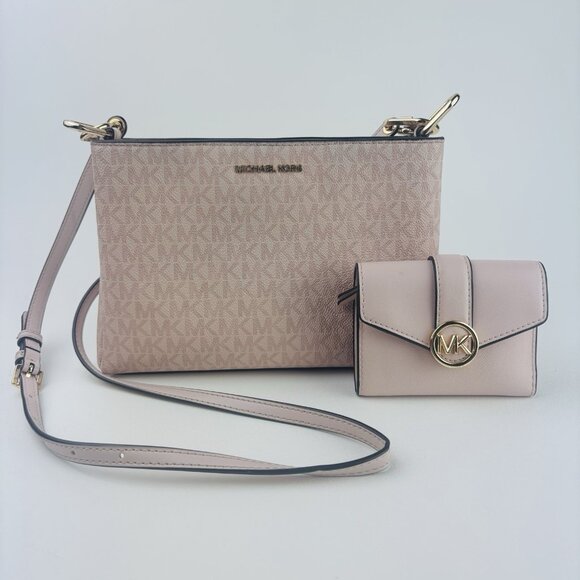 Michael Kors Trish Triple Compartment Crossbody Bag Logo Bag with MK Wallet Pink - Picture 1 of 16